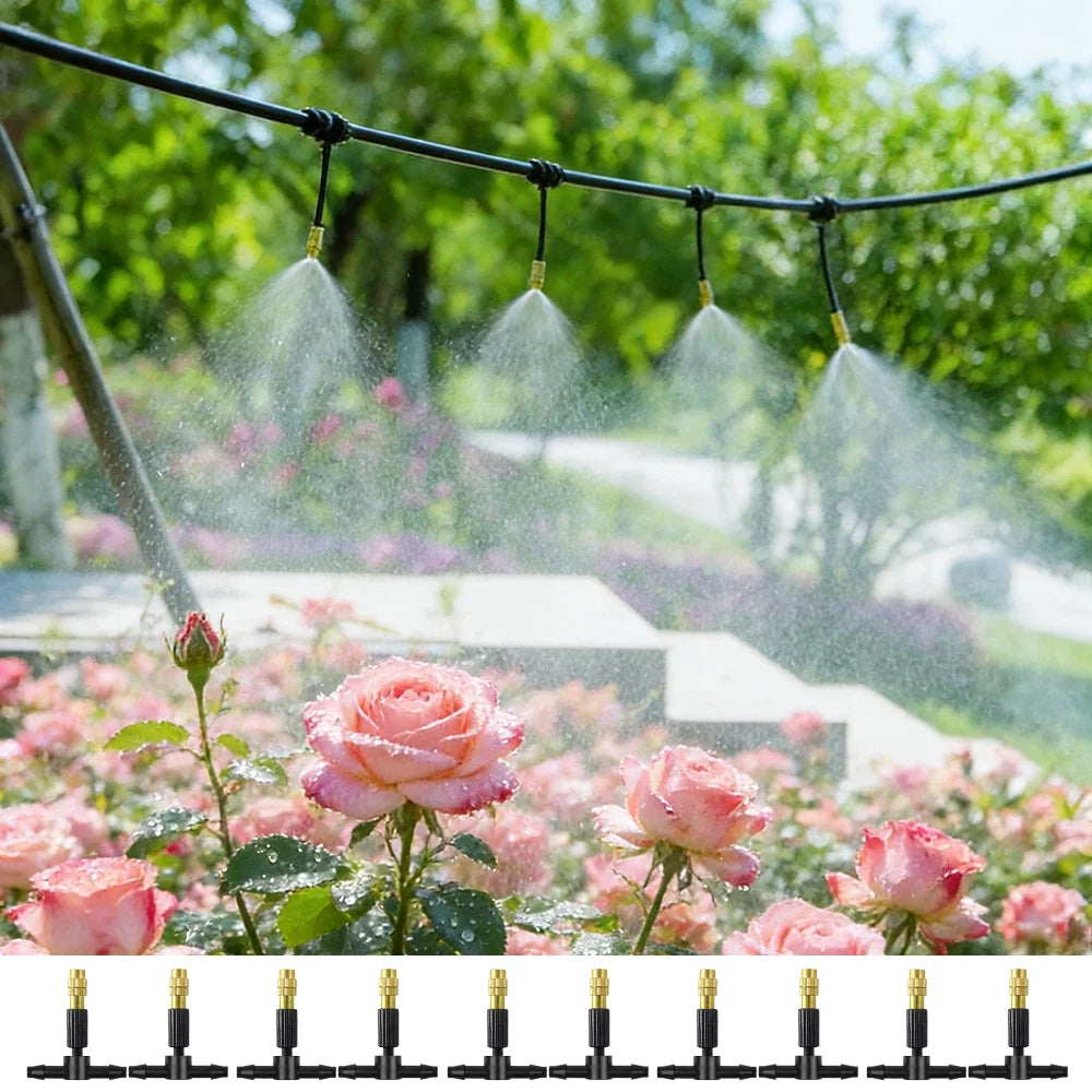 10pcs Three-way Irrigation Atomizing Nozzle, 4/7 Micro-tube, Adjustable Flow Rate Moisturizing Cooling Dust Removal Nozzl