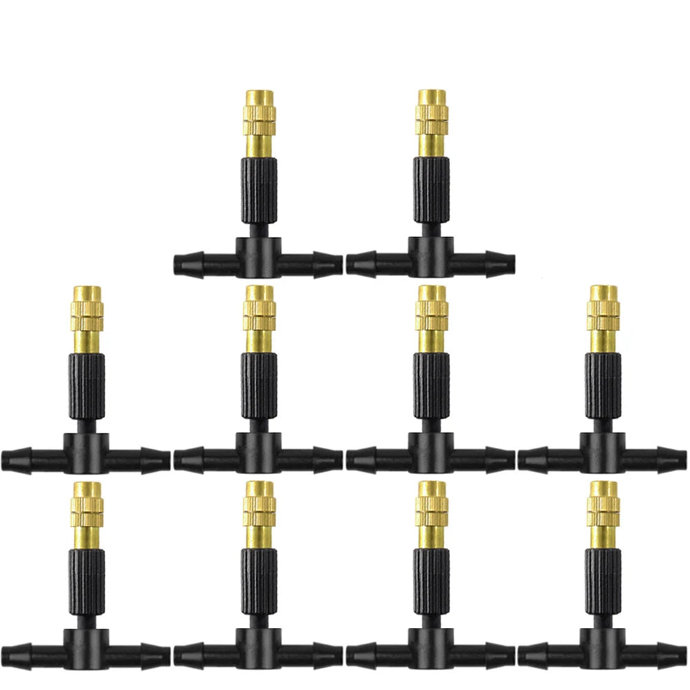 10pcs Three-way Irrigation Atomizing Nozzle, 4/7 Micro-tube, Adjustable Flow Rate Moisturizing Cooling Dust Removal Nozzl